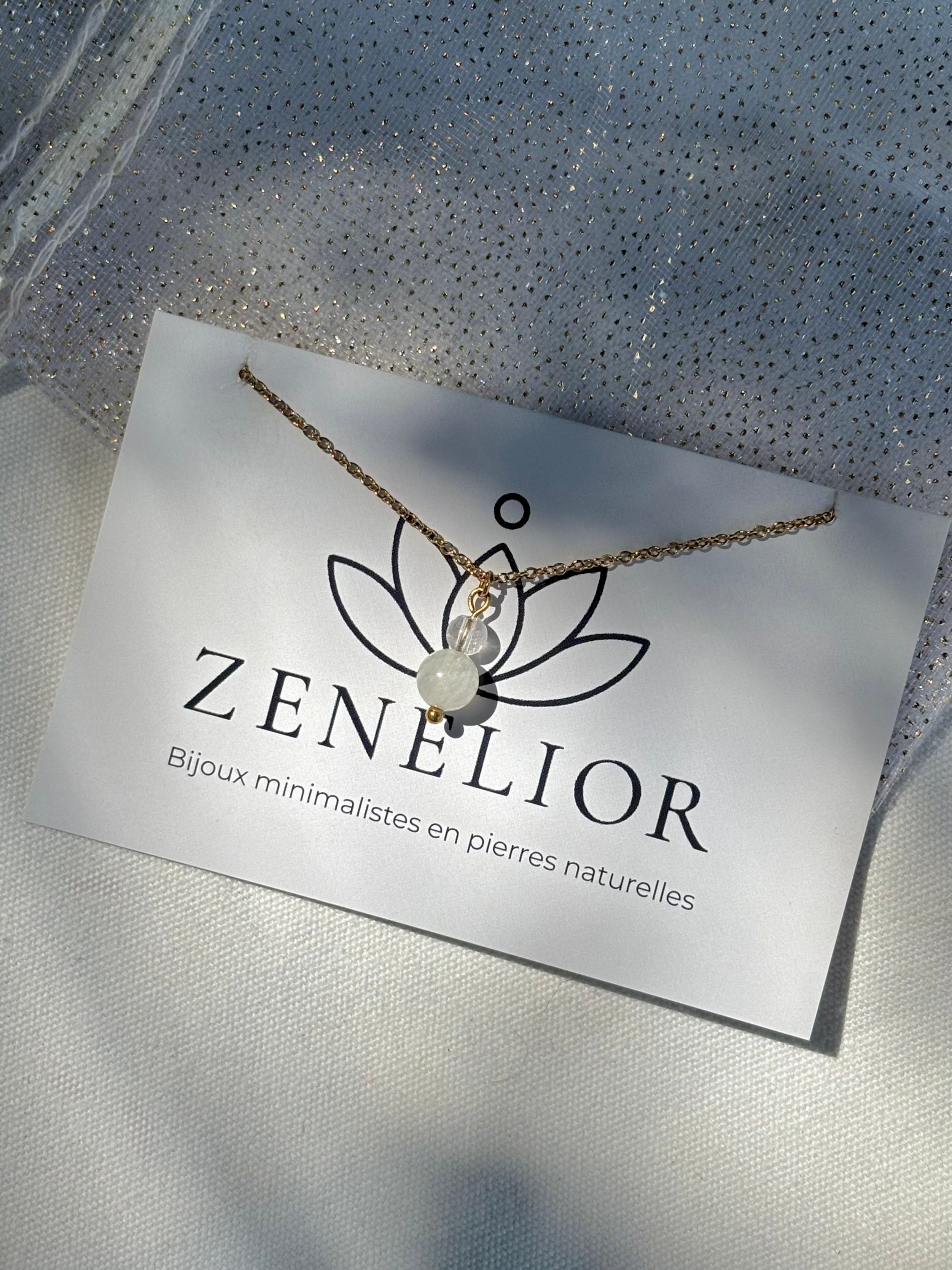 Collier Naissance Juin – Pierre de Lune & Cristal de Roche | Bijou Lumière Intérieure