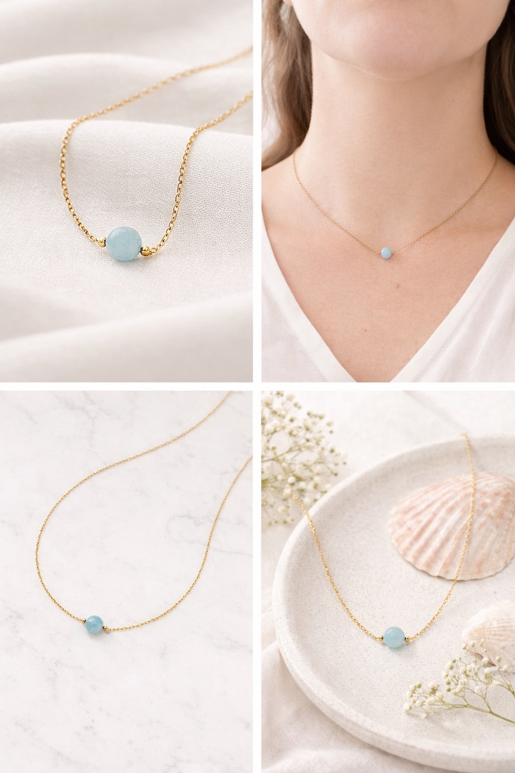 Collier ENAË doré - Aigue Marine