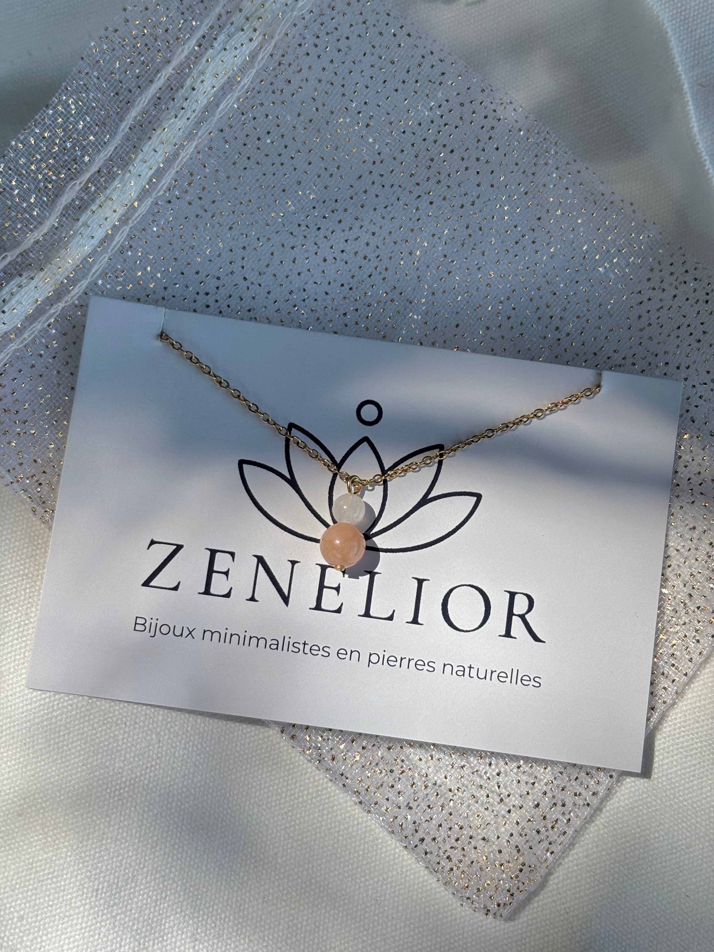 Collier Naissance Juin – Pierre de Lune Blanche & Pêche | Bijou Intuitif en Acier Inoxydable Doré